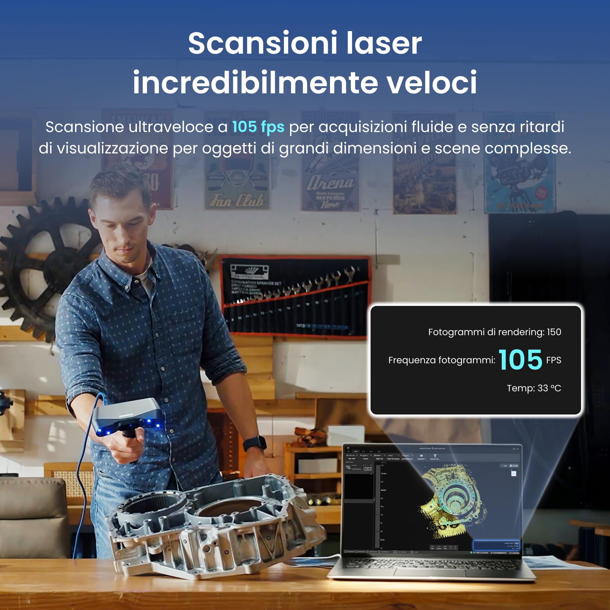 Revopoint Scanner 3D POP 4, laser blu,precisione 0,03 mm,105 fps, analisi AI e modellazione 3DGS, 5 modi di scansione, tracciamento anti-vibrazione, uso in esterna, WiFi 6, per stampa 3D, standard