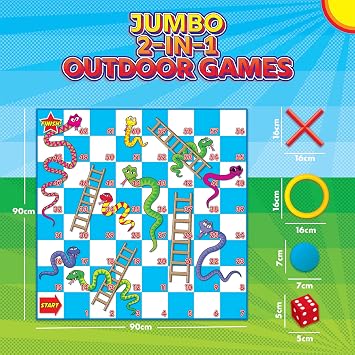 abeec Giant Snakes and Ladders Garden Game for Kids | 2 in 1 with Giant Noughts and Crosses | Two 90cm Mats, Oversized Pieces and Ground Pegs | Outdoor Family Game Ages 3+