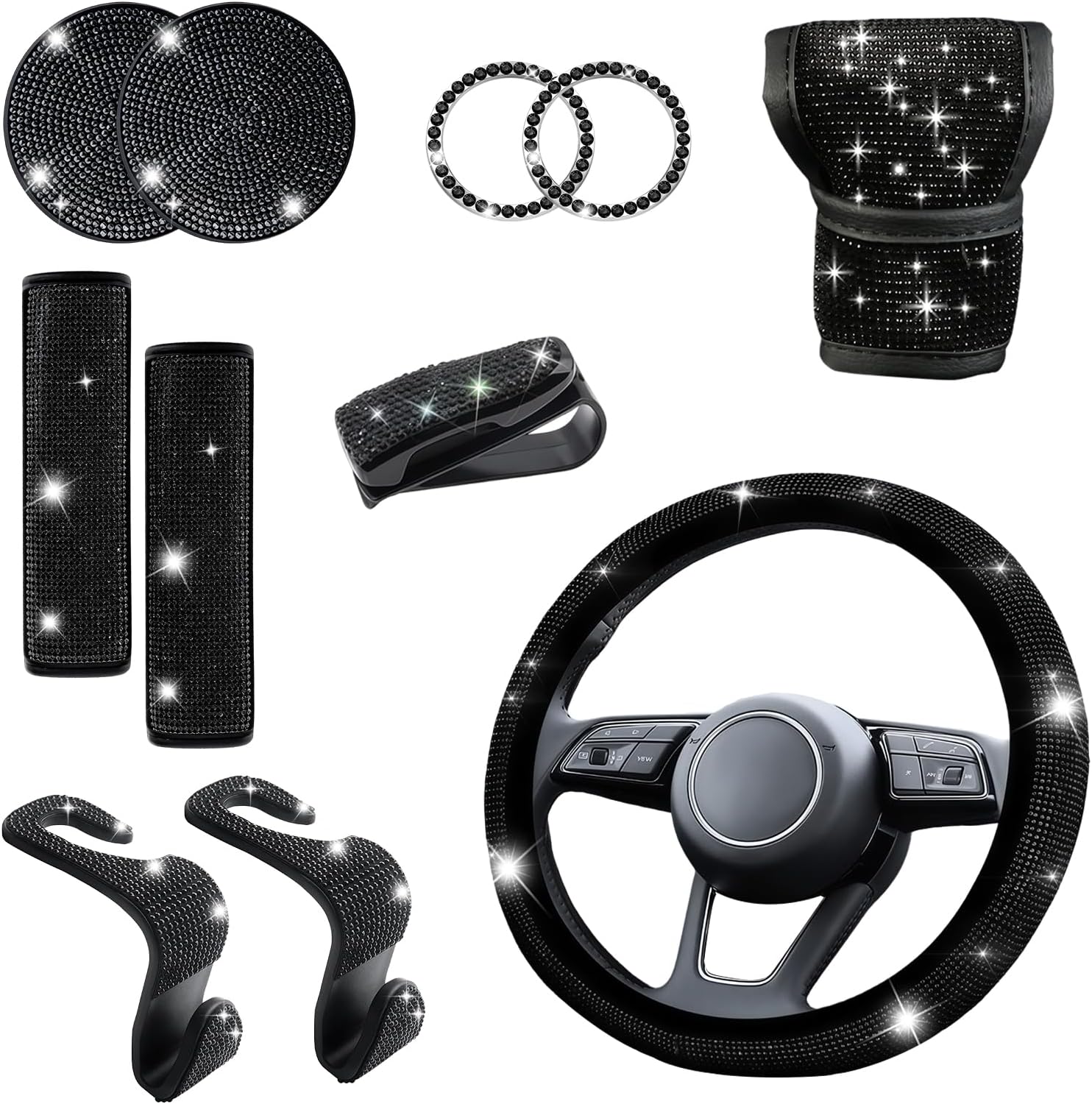 11 PCS Bling Car Accessories Set for Women, 15 Inch Steering Wheel Cover, Bling Shift Protector, Sparkly Seat Belt Covers, Car Cup Coasters, Crystal Hooks, Cute Interior Decor Set (Black)