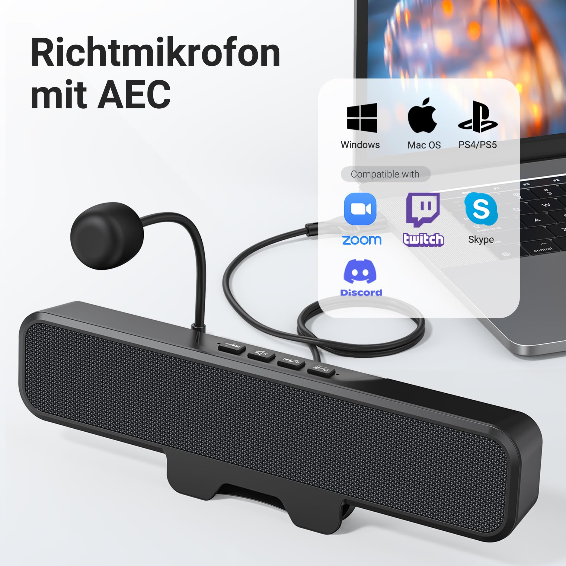 Inwa Altoparlante per PC, altoparlante USB con microfono, stereo e basso, spegnimento muto a un pulsante, clip plug and play per monitor PC, desktop, laptop e Mac (nero)