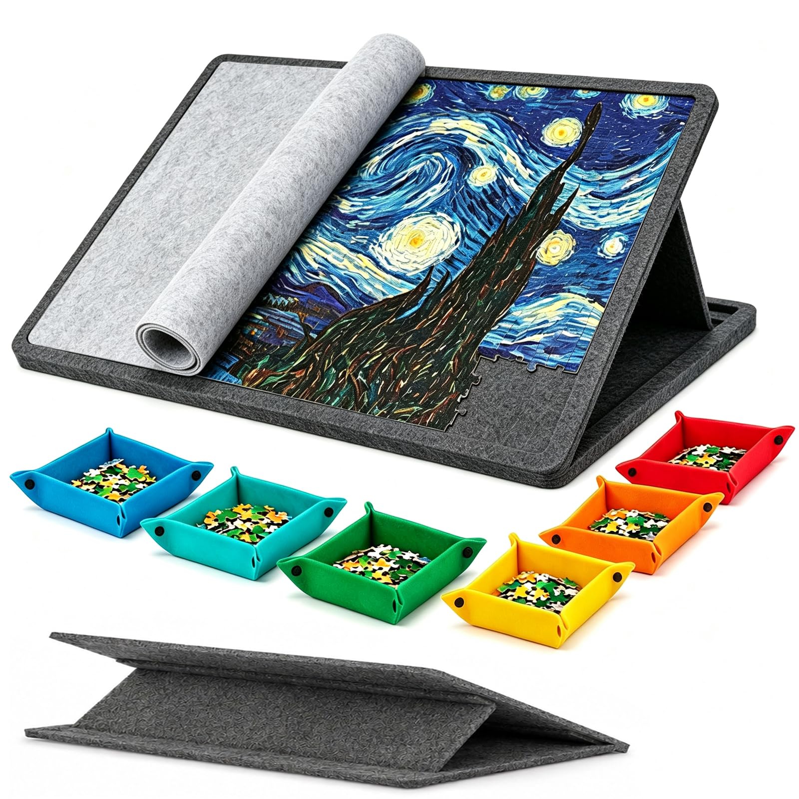 Tilting Jigsaw Puzzle Board for 1000 Pieces, Portable Felt Puzzle Table with Cover, 6 Sorting Trays, 3 Adjustable Angles 18°/26°/32°, Non-Slip Puzzle Mat for Adults & Children