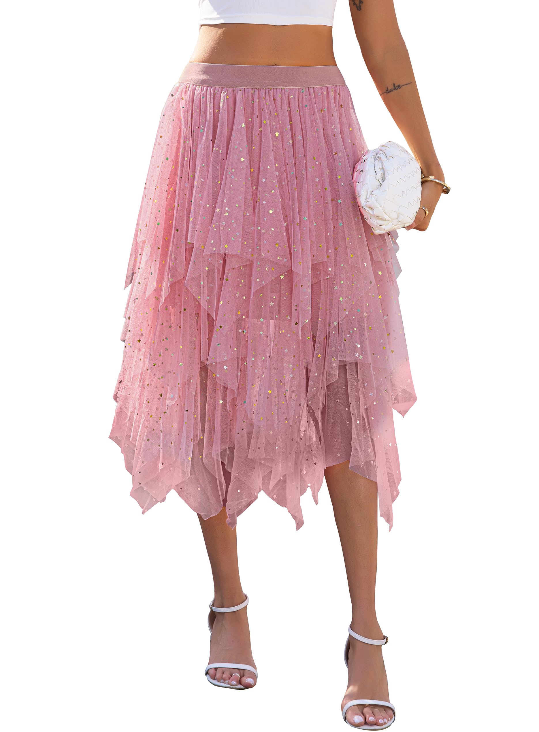 Lovasy Pailletten Rock Damen Tüllrock Schwarz Knielang High Low Layered Faltenrock Midi Rock A-Linie Unregelmäßiger Puffy Fee Tutu Röcke