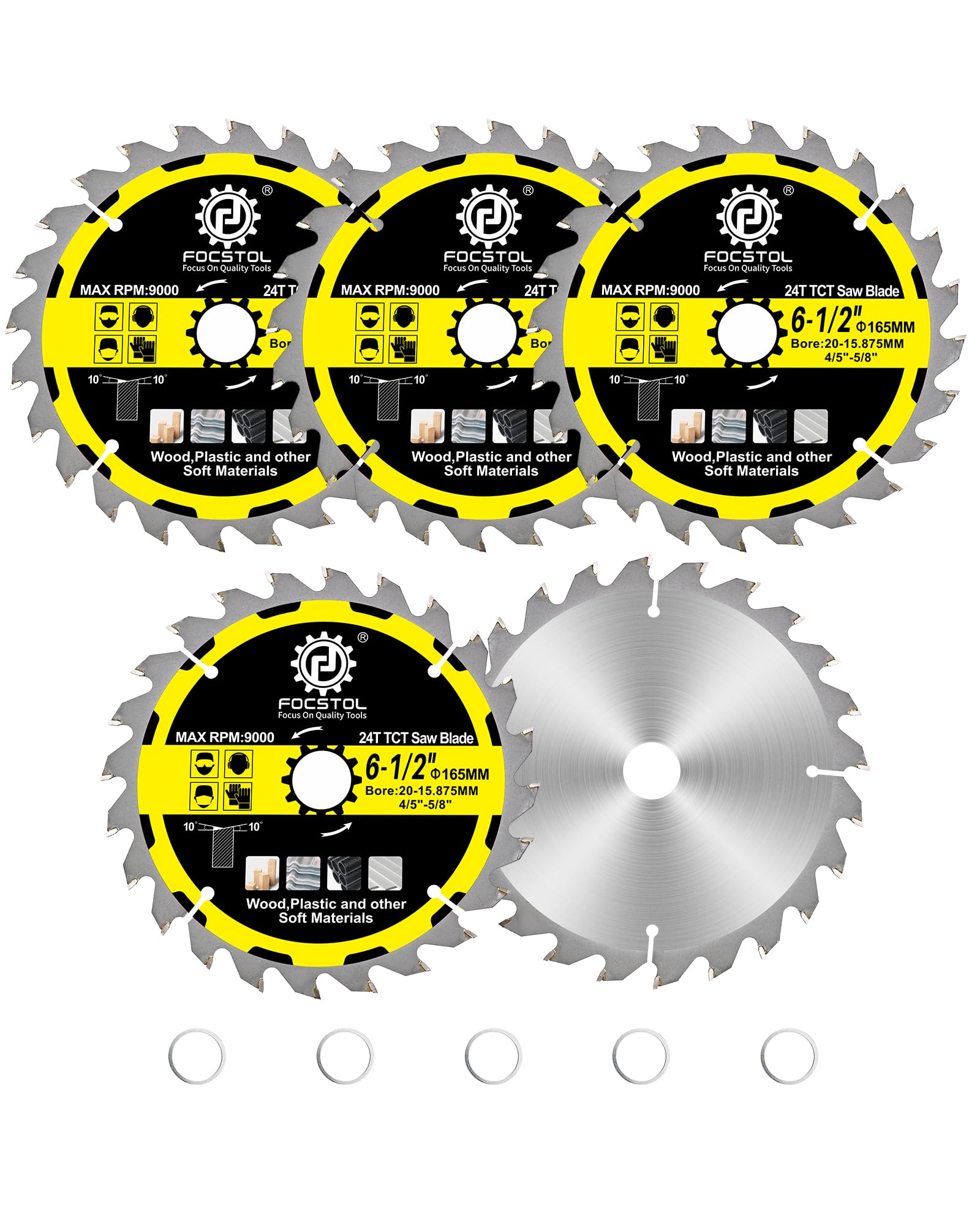 FOCSTOL Wood Cutting Circular Saw Blade 165mm - 5pcs 24 Tooth TCT Cutting Blade for Cutting Wood, Plywood, Particle Board, Plastics and Other Soft Materials