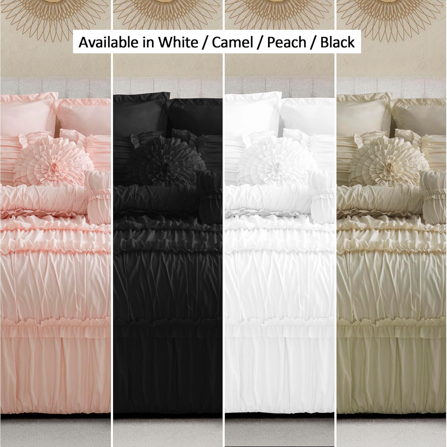 Homechoice Decor White Comforter Set 7 Piece King, Ruffled Bedding Bed-in-a-Bag with Decorative Pillows, Elegant Vintage-Inspired & Modern Farmhouse Style (LQ-43)