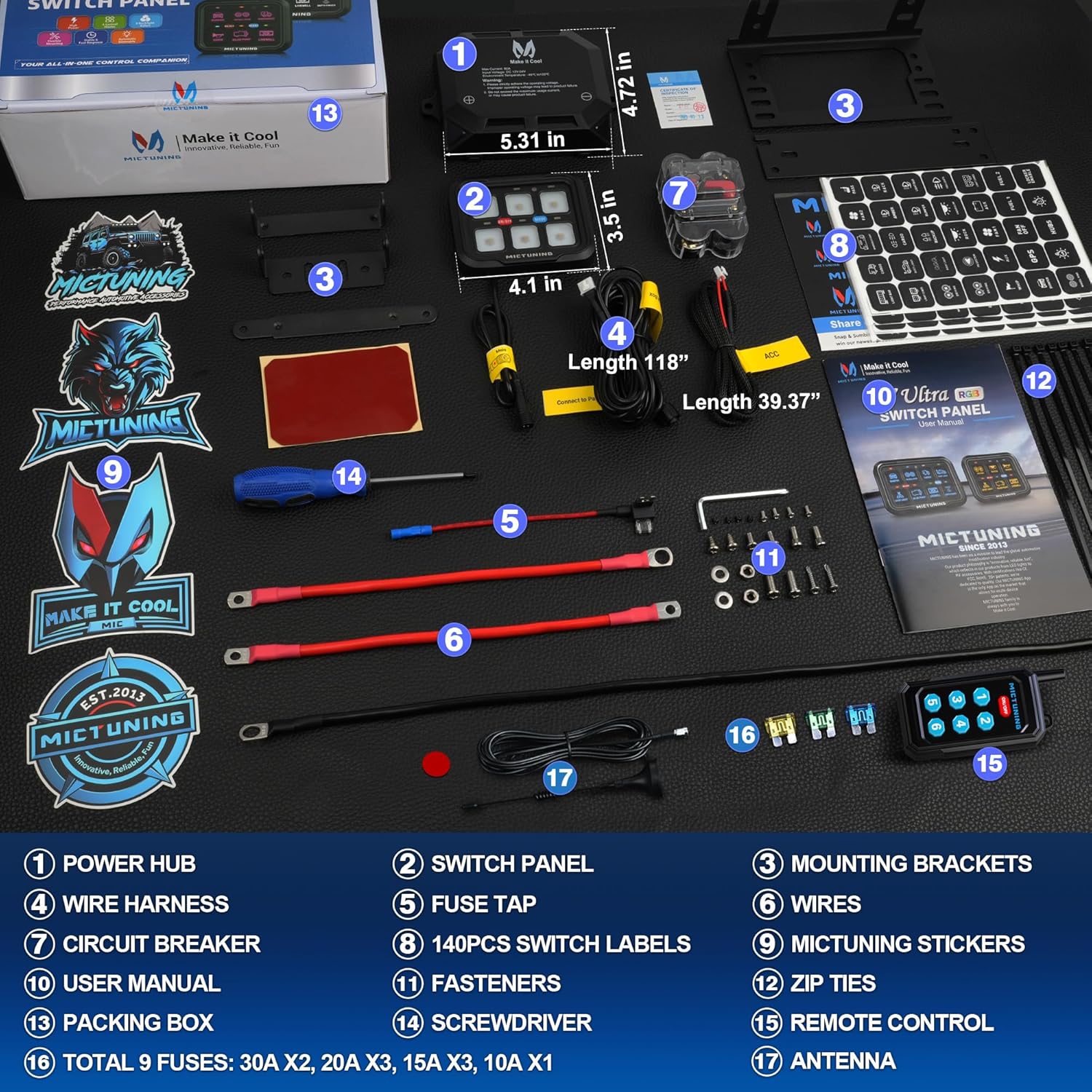 Diagram showing all numbered components included in the MICTUNING P8Y 6-Gang Switch Panel package.