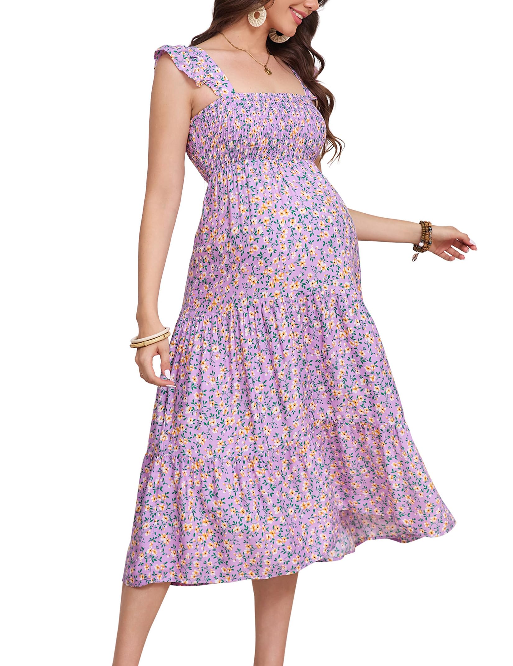 KOJOOIN Womens Maternity Dress Summer Sleeveless Smocked Square Neck Ruffle Casual Boho Midi Dress Baby Shower Photoshoot