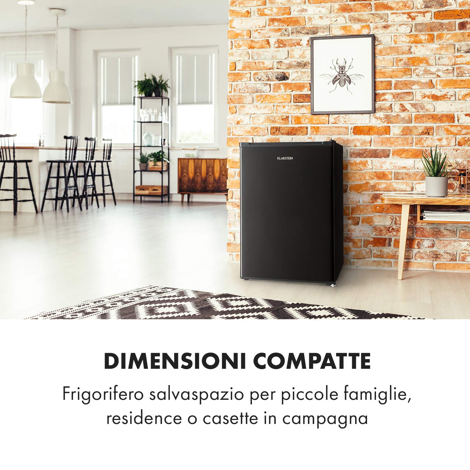 KLARSTEIN Delaware - Frigorifero, 76 Litri, Classe di Efficienza Energetica E, 2 Ripiani in Vetro Flessibile, Vano Congelatore/Freezer: 4 Litri, Vano Bottiglie Fino a 2 Litri, Nero