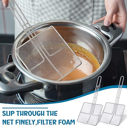 Miniatura 5 de Mumufy 2 piezas de desnatador de aceite cuadrado de malla fina para freidora, cuchara de acero inoxidable con mango largo para cocina, piscinas,