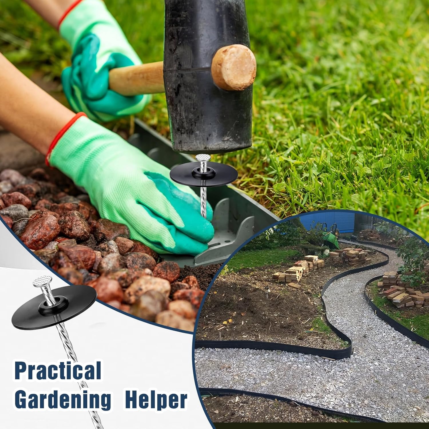 Nuenen 200 Sets Garden Stakes with Gasket Caps 6 in Galvanized Steel Turf Nails Spiral Landscape Stakes Heavy Duty Metal Turf Spikes for Artificial Grass Landscape Edging Weed Barrier