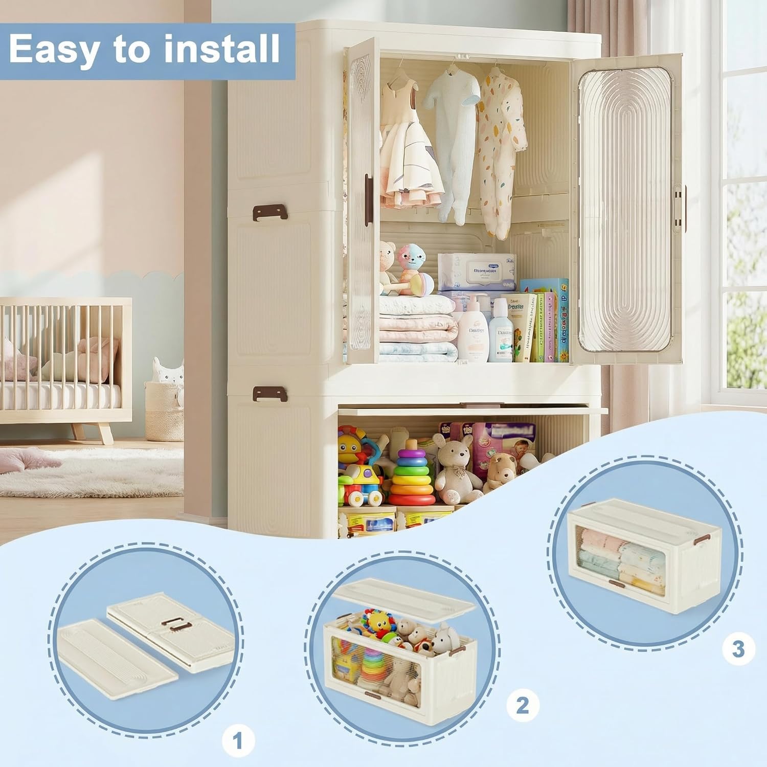 Portable Wardrobe Closet Storage Organizer with Magnetic Doors, 4 Cubes, Hanging Rod, 10 Hangers, Baby Clothes Dresser Cabinet, Cream White, 22.44x12.83x49.96 Inches