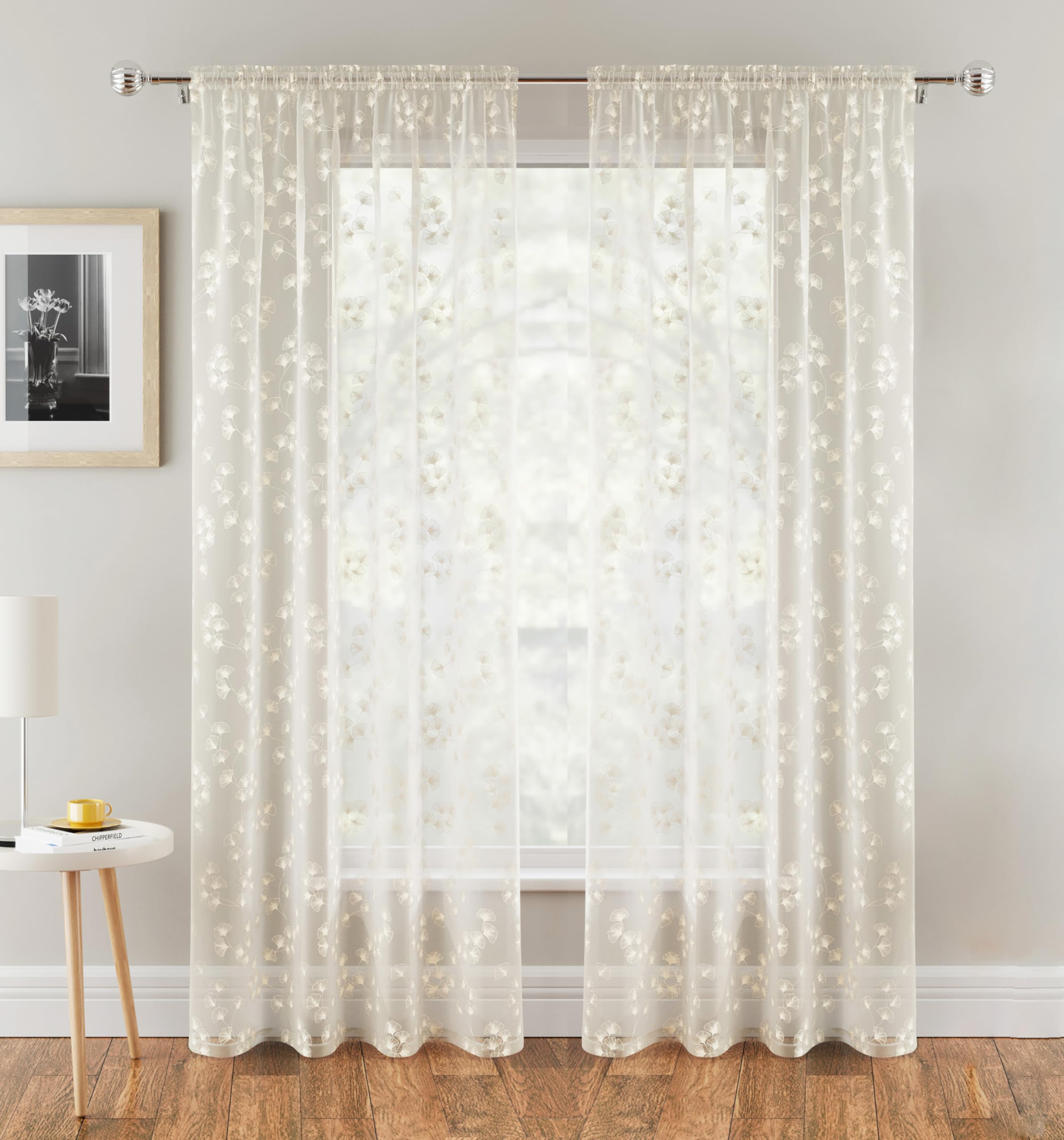 Tyrone Textiles Pair of Delila Cream Trail Leaf Print Sheer Voile Panels 183 CM with Rod Pocket Header
