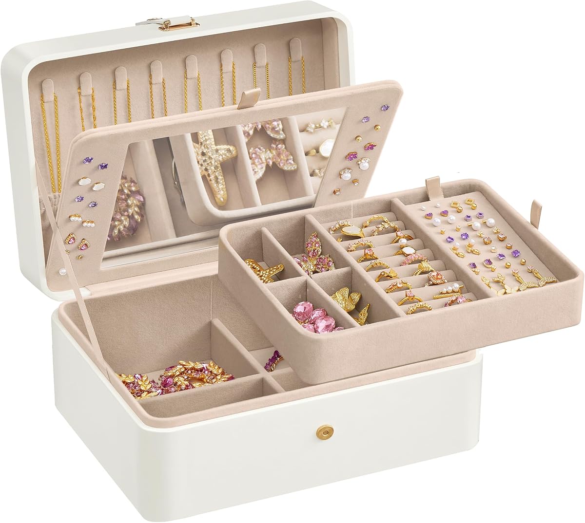 SONGMICS 2-Layer Travel Jewellery Box, Portable Storage Case | Spacious, for Larger Accessories, Gift Idea, 6.9 x 8.7 x 4.3 Inches, Cloud White and Tan, GISELLA Collection UJBC200W01