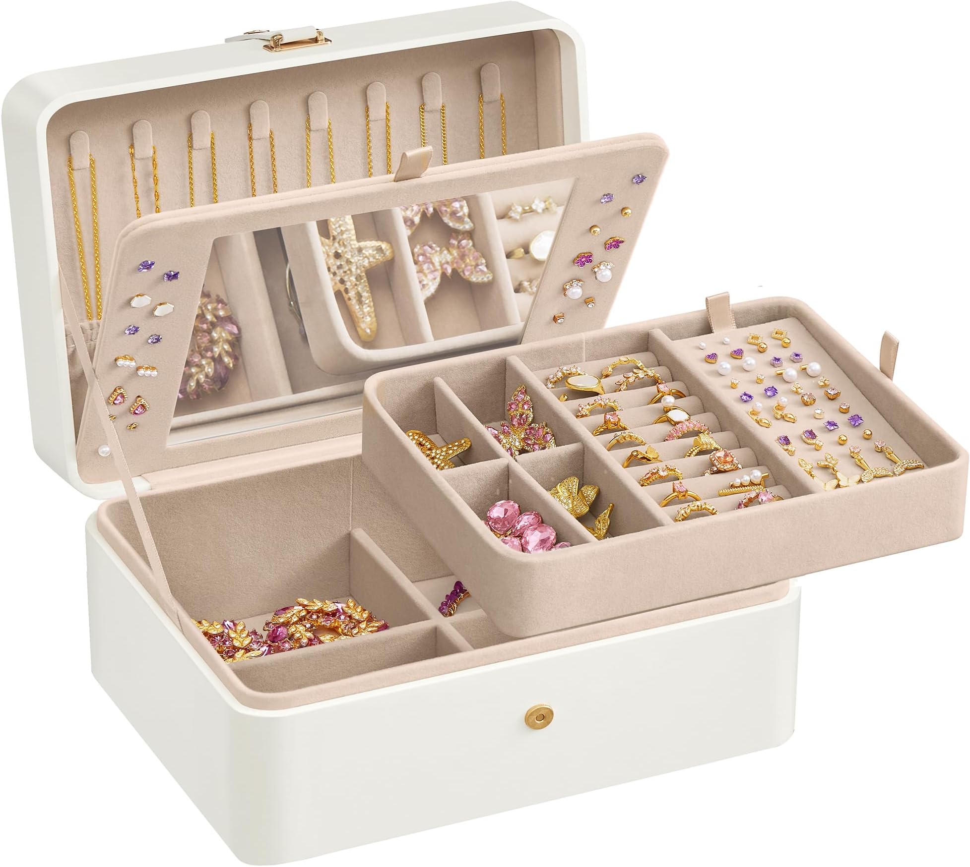SONGMICS GISELLA Collection - Jewellery Box Organiser with Mirror, 2-Layer Jewellery Storage Case, Removable Tray, 17.6 x 22 x 11 cm, Earring Necklace Storage, Gift Idea, Cloud White JBC200W01