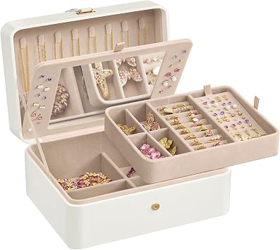 SONGMICS Jewelry Box Organizer with Mirror, 2-Layer Jewelry Holder Case, Removable Tray, 6.9 x 8.7 x 4.3 Inches, Earring Necklace Storage, Gift Idea, Cloud White UJBC200W01