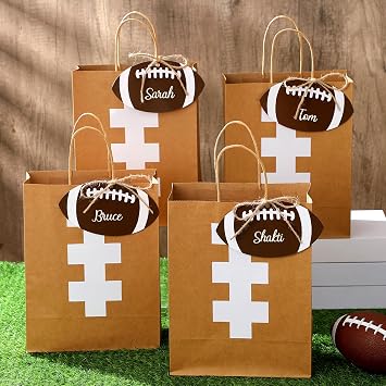 Dansydaisy 12 Sets 10.6 Inch DIY Football Paper Gift Bag Sets with Handles Personalized Football Party Favor Bags Include Tags Stickers Marker Jute Rope Paper Goodie Bundle for Sport Party Supplies