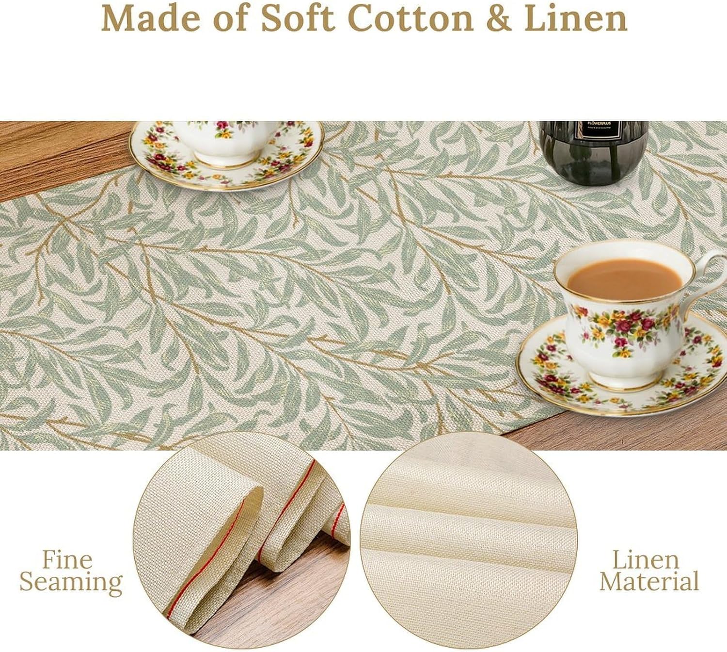 Vintage Leaves Table Runner,William Morris Style Green Plant Pattern Table Runner for Coffee Table Dining Room Table Bedroom Party Holiday Decor 13x108inch