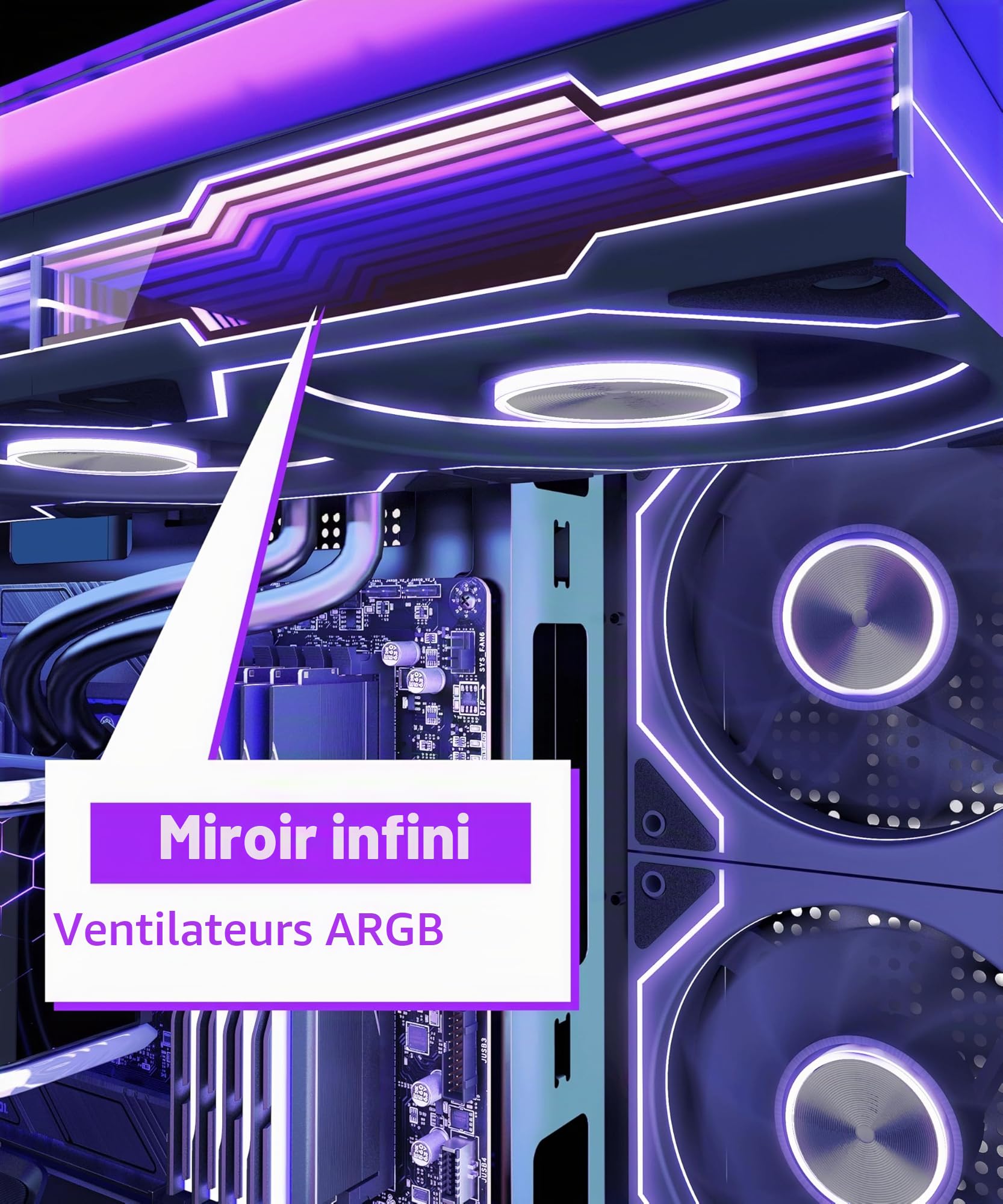MUSETEX Y6 Boîtier PC, 7 Ventilateurs ARGB PWM Infinity Mirror préinstallés, Vue 270° en Verre Trempé, Connectique Type-C, Boîtier PC Gamer Mid-Tower ATX, Noir