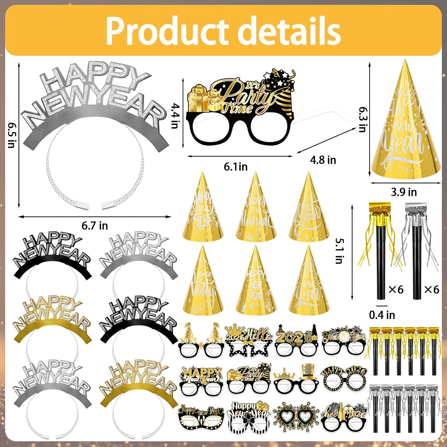 Openfly 36Pcs New Years Eve Party Supplies 2026 Happy New Year Hats Headband Tiara Noise Makers Paper Glasses Party Favors - Image 7