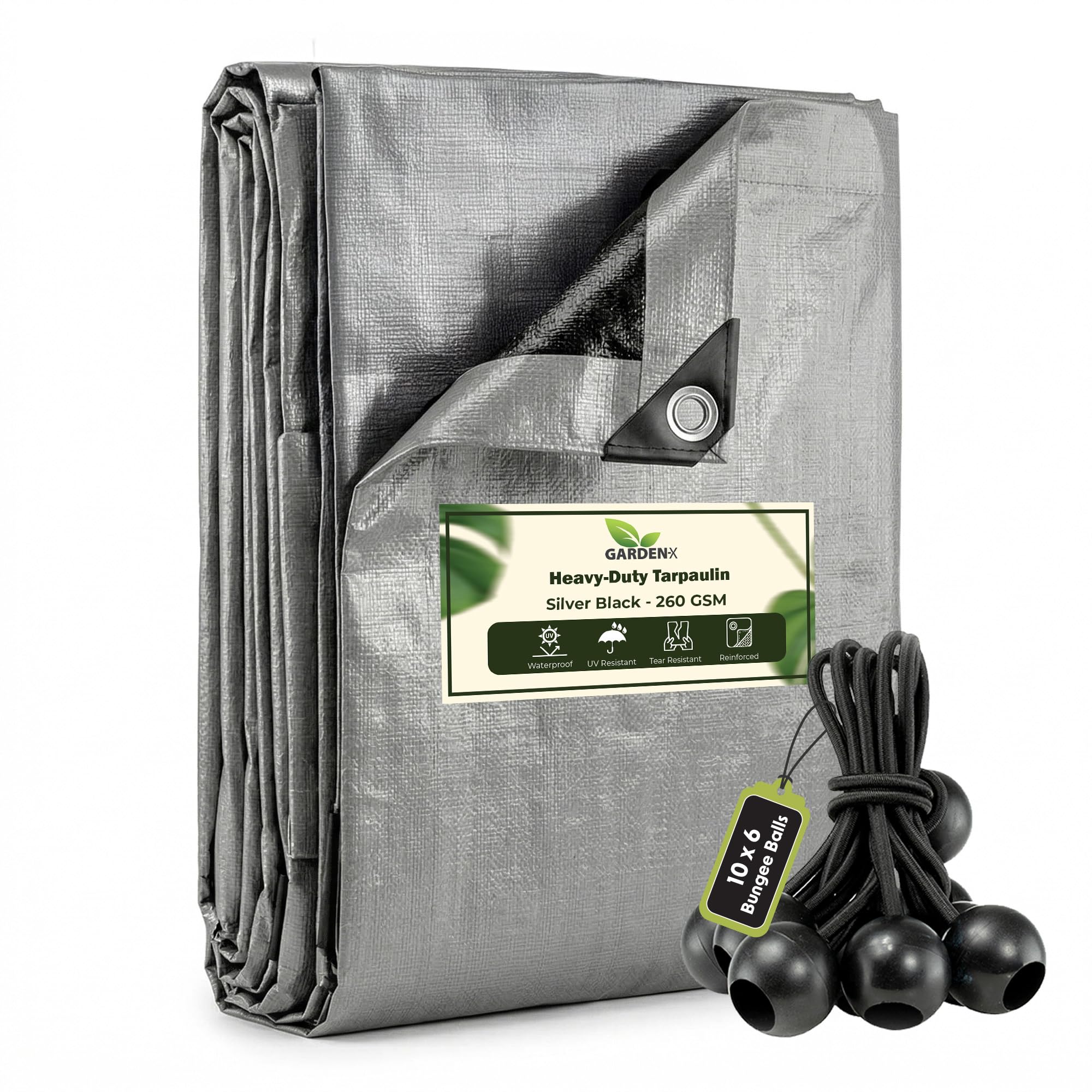 GARDENIX 4m x 4m Silver Heavy Duty 260gsm Tarpaulin Waterproof Tarp Sheet Cover, Groundsheet, Multipurpose, Reinforced Eyelets with 10 x 6" Bungee Balls (Black)