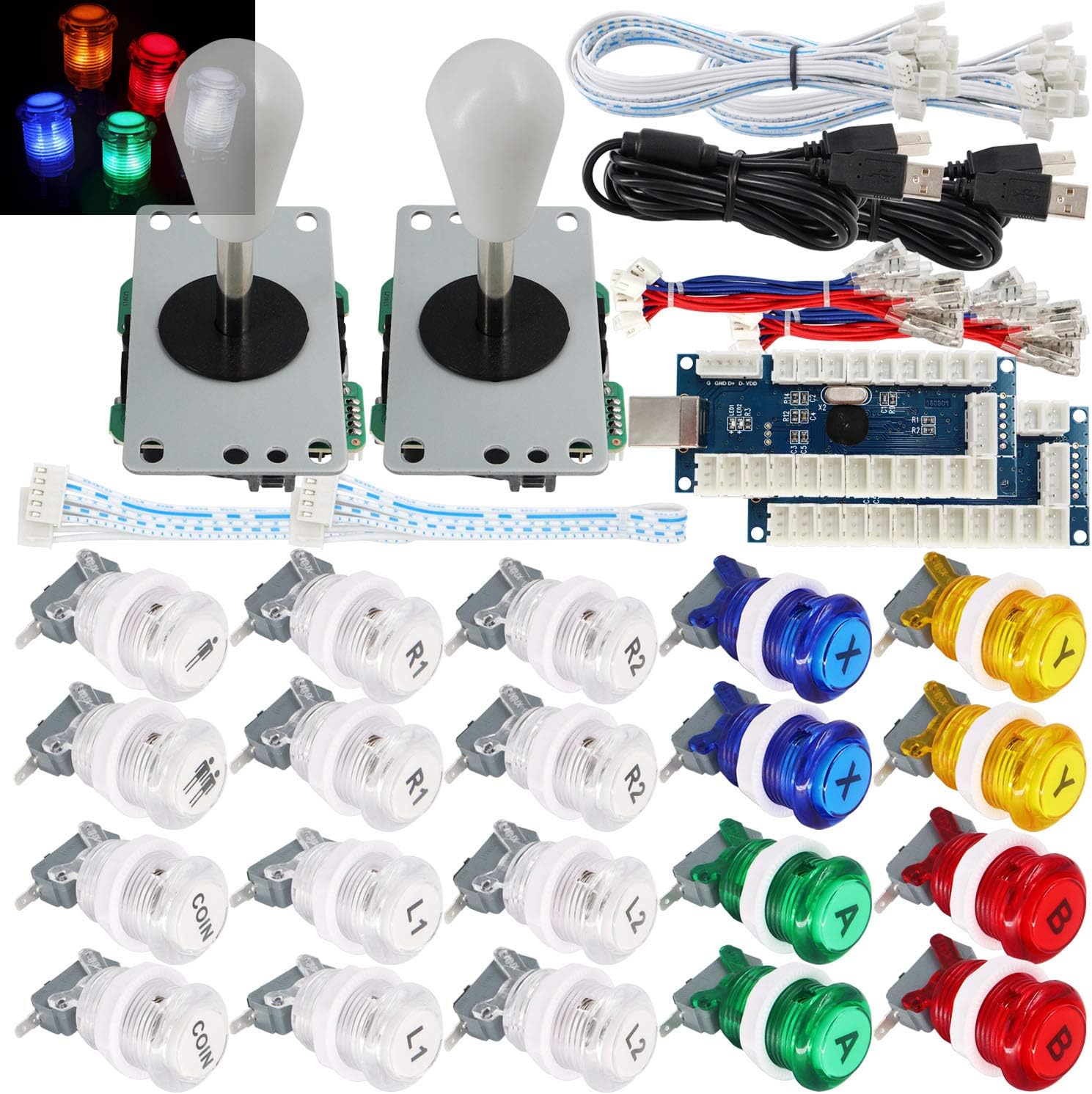 2 Player Arcade Game Stick DIY Kit Buttons with Logo LED 8 Way Joystick USB Encoder Cable Controller for PC MAME Raspberry Pi Color Mix
