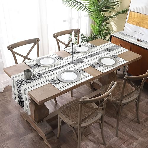 Miniatura 6 de LUFEIJIASHI Camino de mesa tejido estilo granja, camino de mesa bohemio de 108 pulgadas de largo con borlas, elegante camino de mesa lavable para