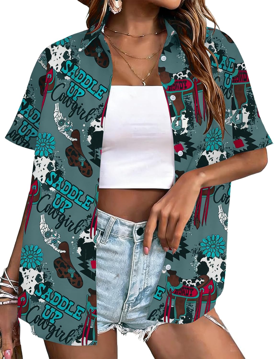 JINTING Western Shirt for Women - Vintage Cowboy Cowgirl Button Down Country Concert Outfits Print Short Sleeve Tops