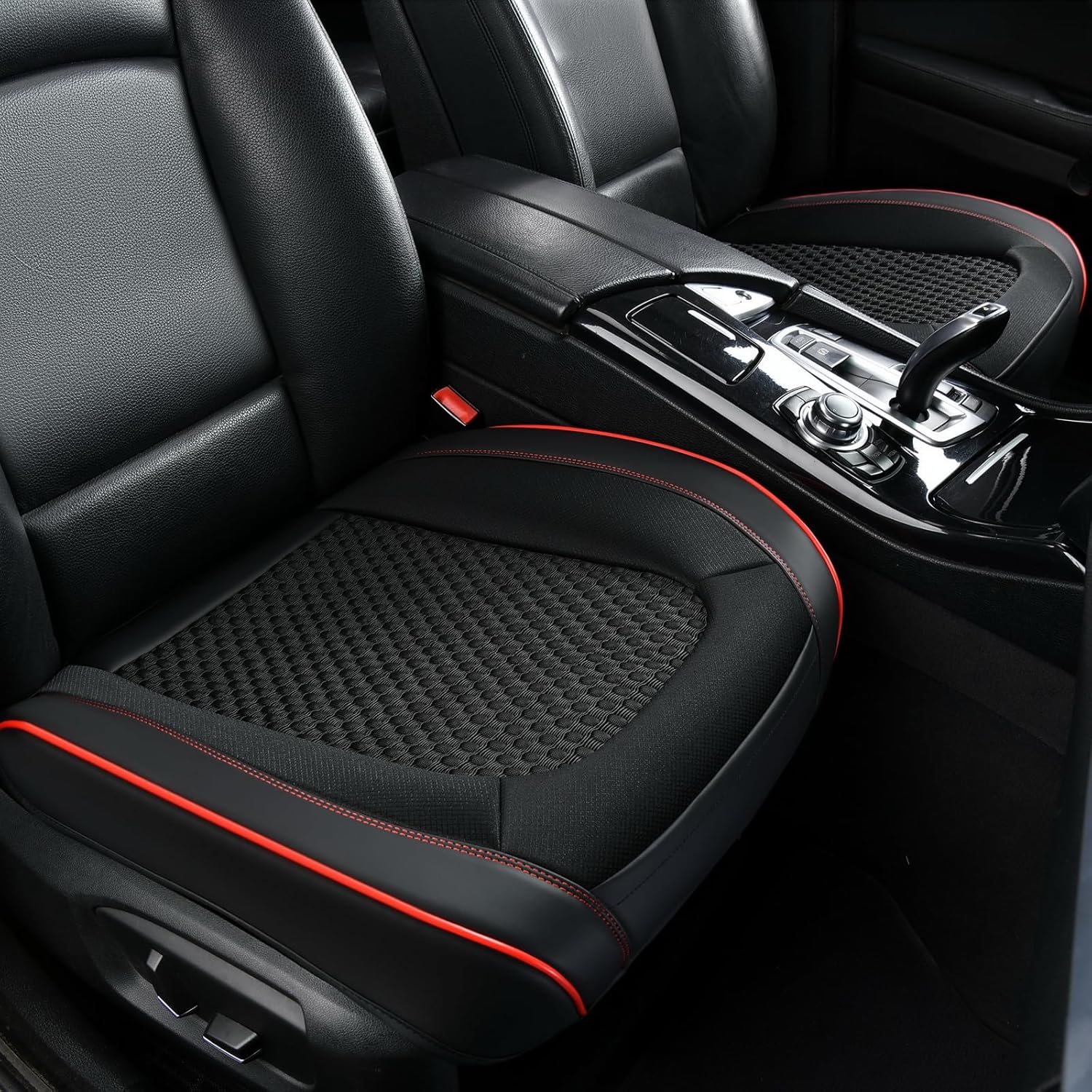 2 Piece Deluxe Leather Front Car Bottom Seat Covers, Car Seat Protector, Ultra Breathable, Non-Slip and Full Coverage Edges, Fits 95% of Cars (SUV Pickup) (Red Black)