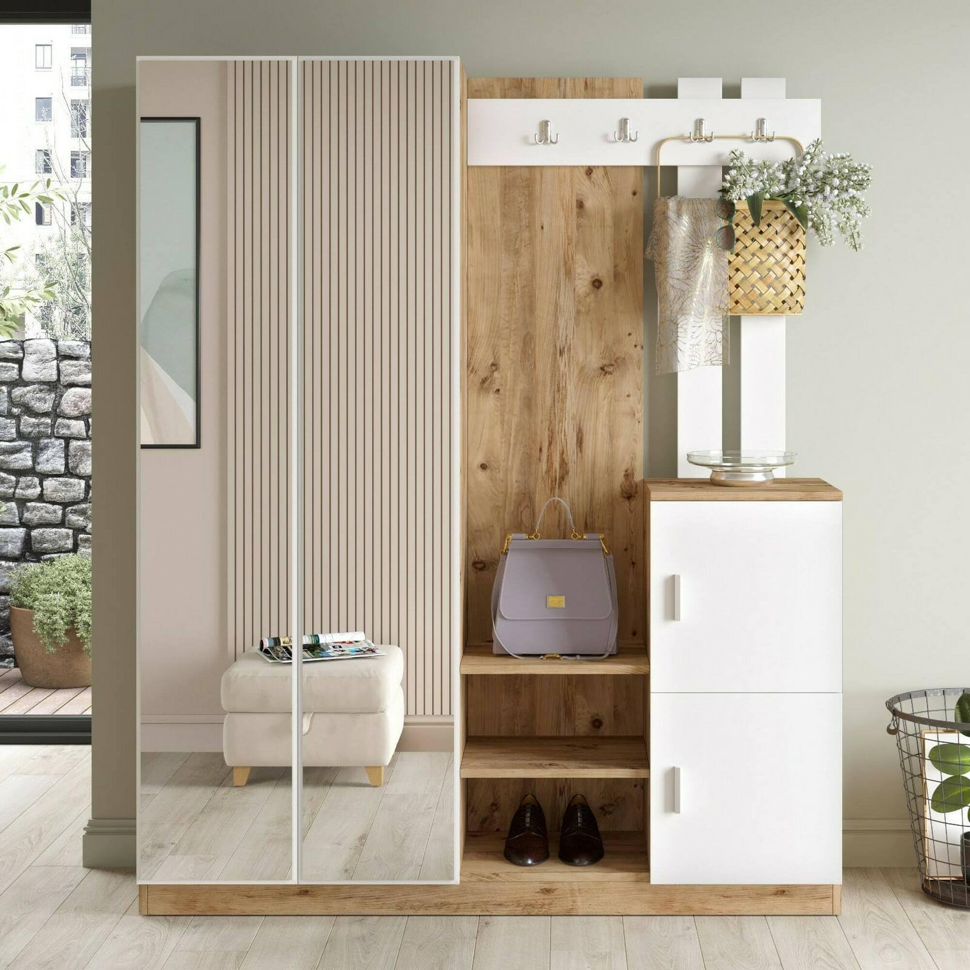 Dmora Mobile da Ingresso Borealis, Entratina Appendiabiti, Composizione per atrio, Consolle portaoggetti Multifunzione, 147x38h180 cm, Quercia e Bianco