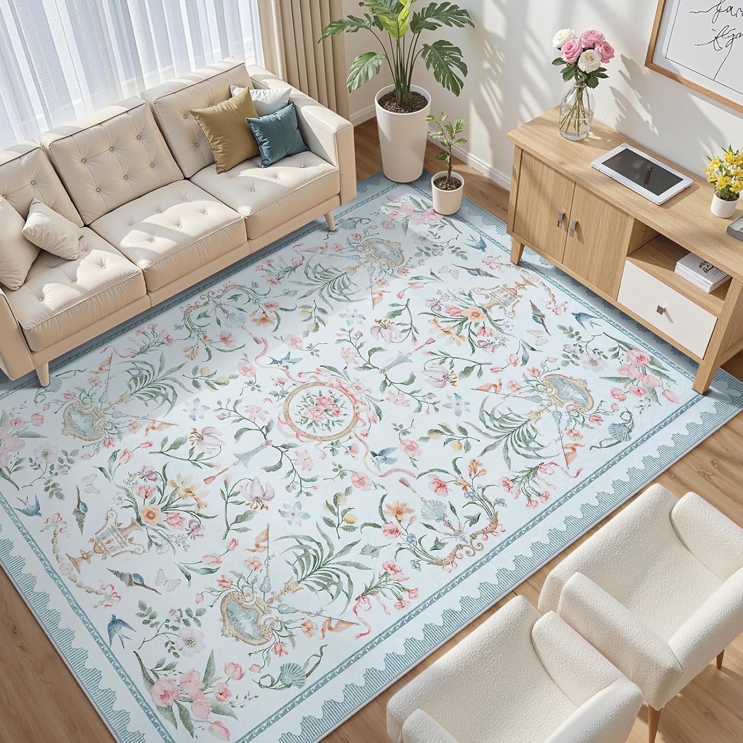 Collive 8x10 Area Rug for Living Room, Boho Blue Classical Floral Washable Rug Non Slip, Soft Ultra-Thin Indoor Decor Elegant Carpet for Girls Bedroom Kids Room Dining Room Playroom - Image 2