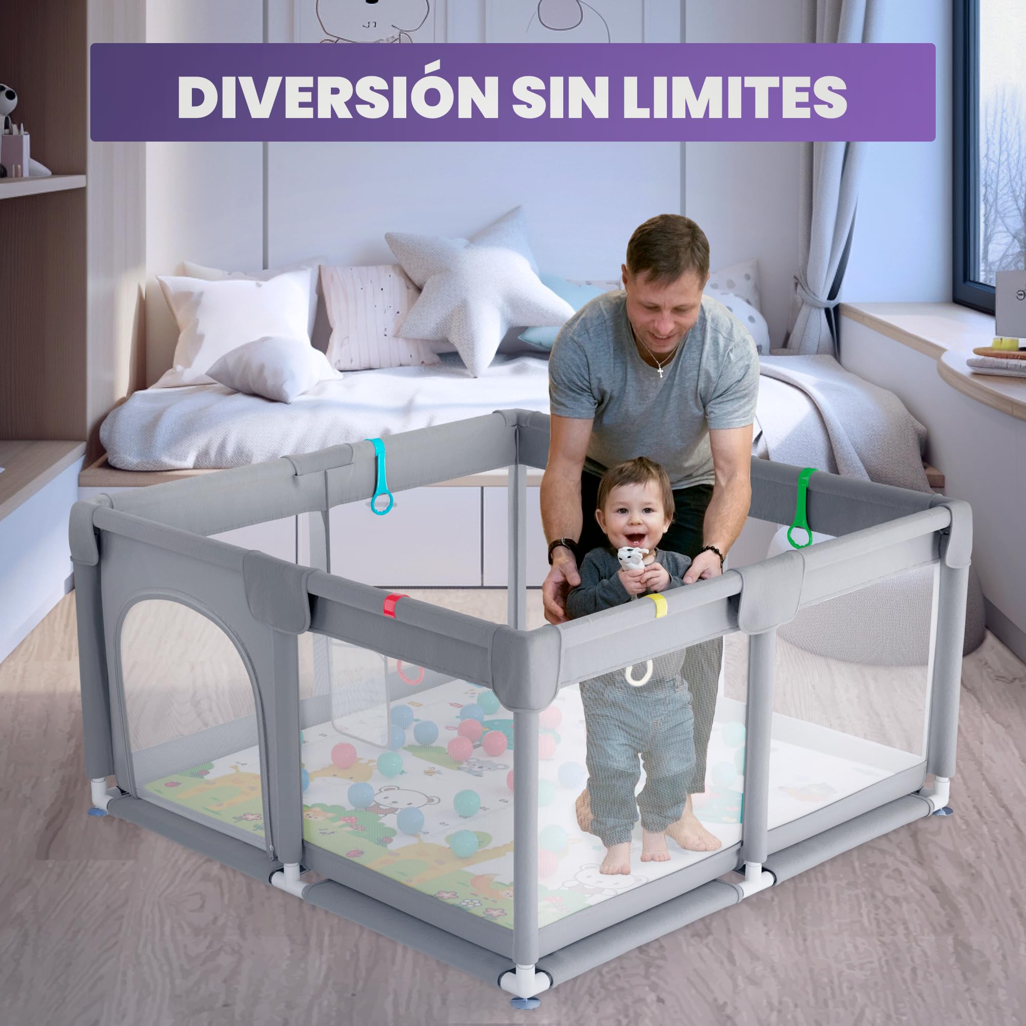JUPPLIES Parque Infantil Bebe 120x120cm + Alfombra Bebe + 50 Bolas + Agarraderas + Bolsas de Transporte – Corralito Bebe con Malla Transpirable (Gris 120 * 120 completo + agarraderas) — view 6
