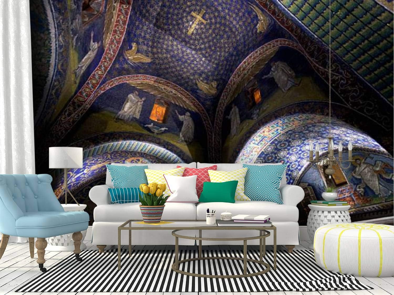 RECETHROWS Wall Mural Dark Blue Mosaic of The Galla placidia Mausoleum in Ravenn Peel and Stick Wallpaper Self Adhesive Wallpaper Large Wall Sticker Removable Vinyl Film Roll Shelf Paper Home Decor