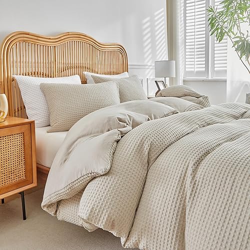 Miniatura 5 de WARMDERN Juego de funda de edredón de tejido gofre, tamaño Queen, color caqui, funda de edredón suave y transpirable, juego de ropa de cama de