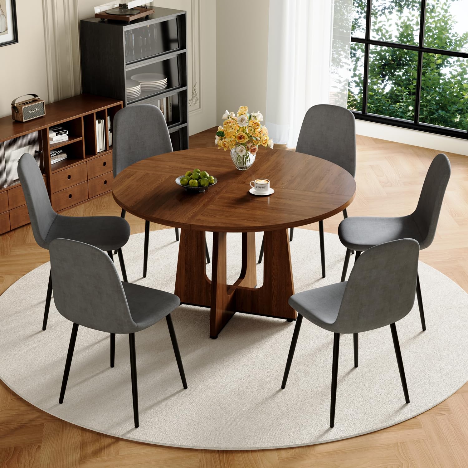 47" Round Dining Table Set for 6, Walnut Wood Grain Table and 6 Chairs Set