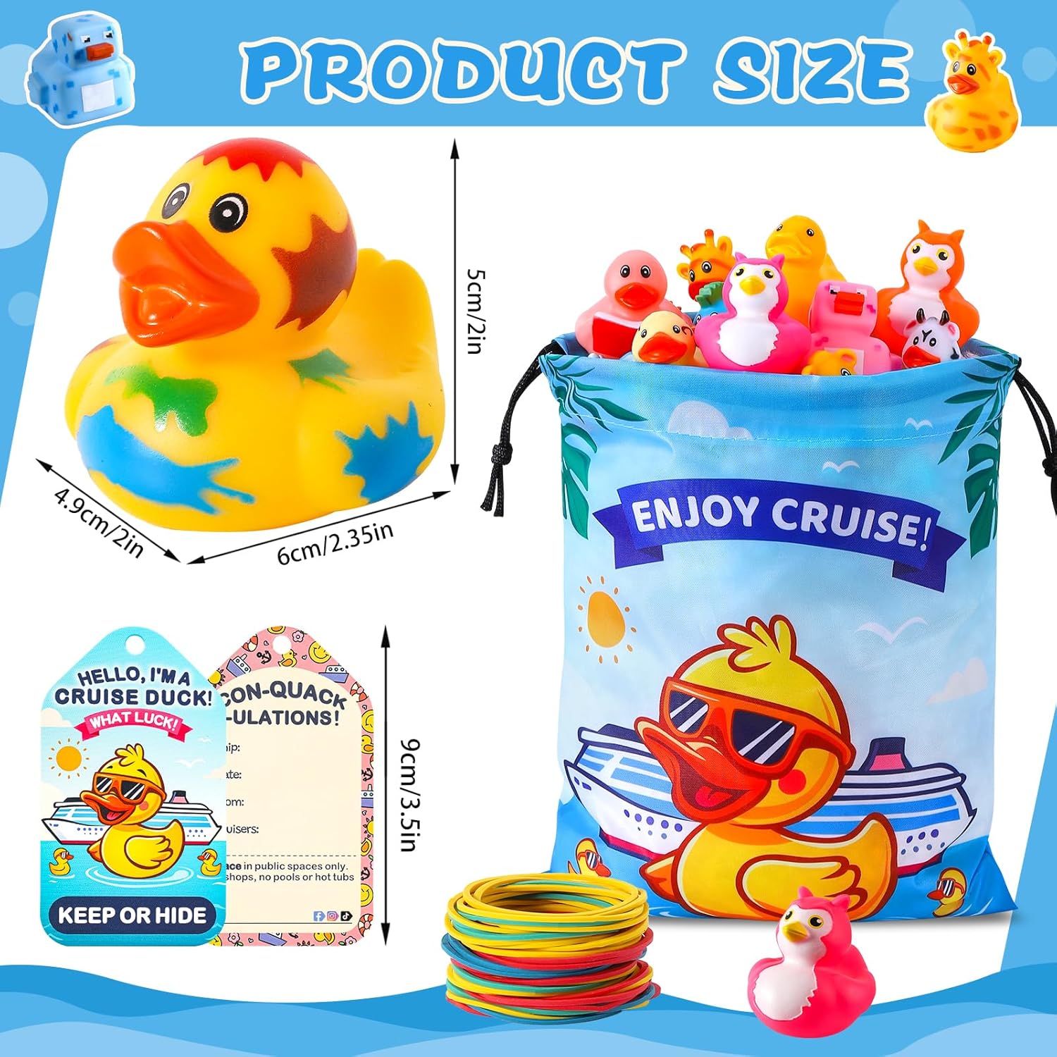 180 Pcs Cruise Rubber Ducks Kits Include 60 Cruise Ducks with 60 Cruising Duck Tags 60 Rubber Bands and 1 Ducks Bag, Bulk Ducks for Cruise Ships Hiding Carnival Ducking Easter Basket Stuffers