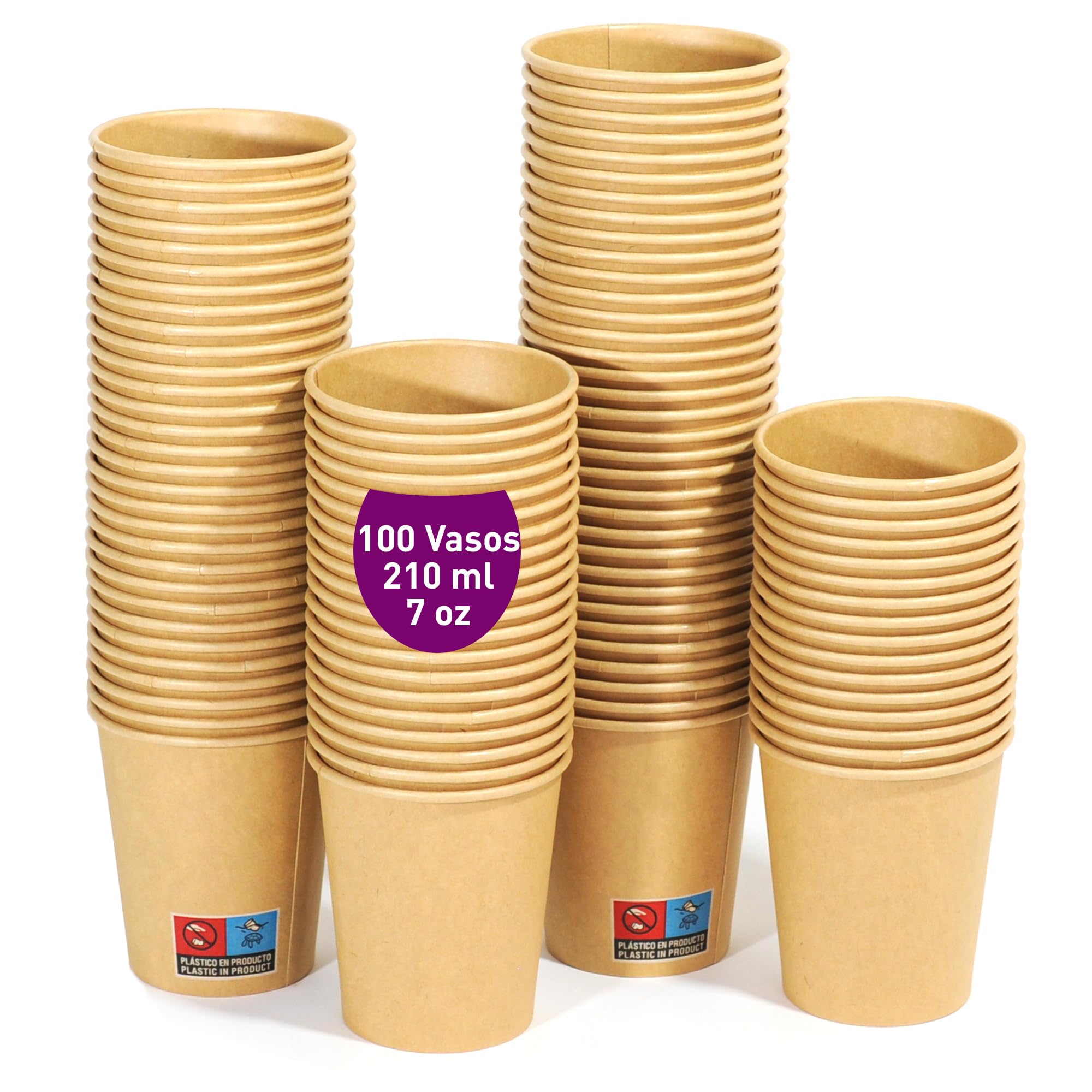 100 Vasos Desechables de Cartón Kraft 210 ml / 7 oz. Resistentes, A Prueba de Fugas. Ideal para Café, Té y Bebidas Refrescantes.Sin Olores. Vasos Kraft