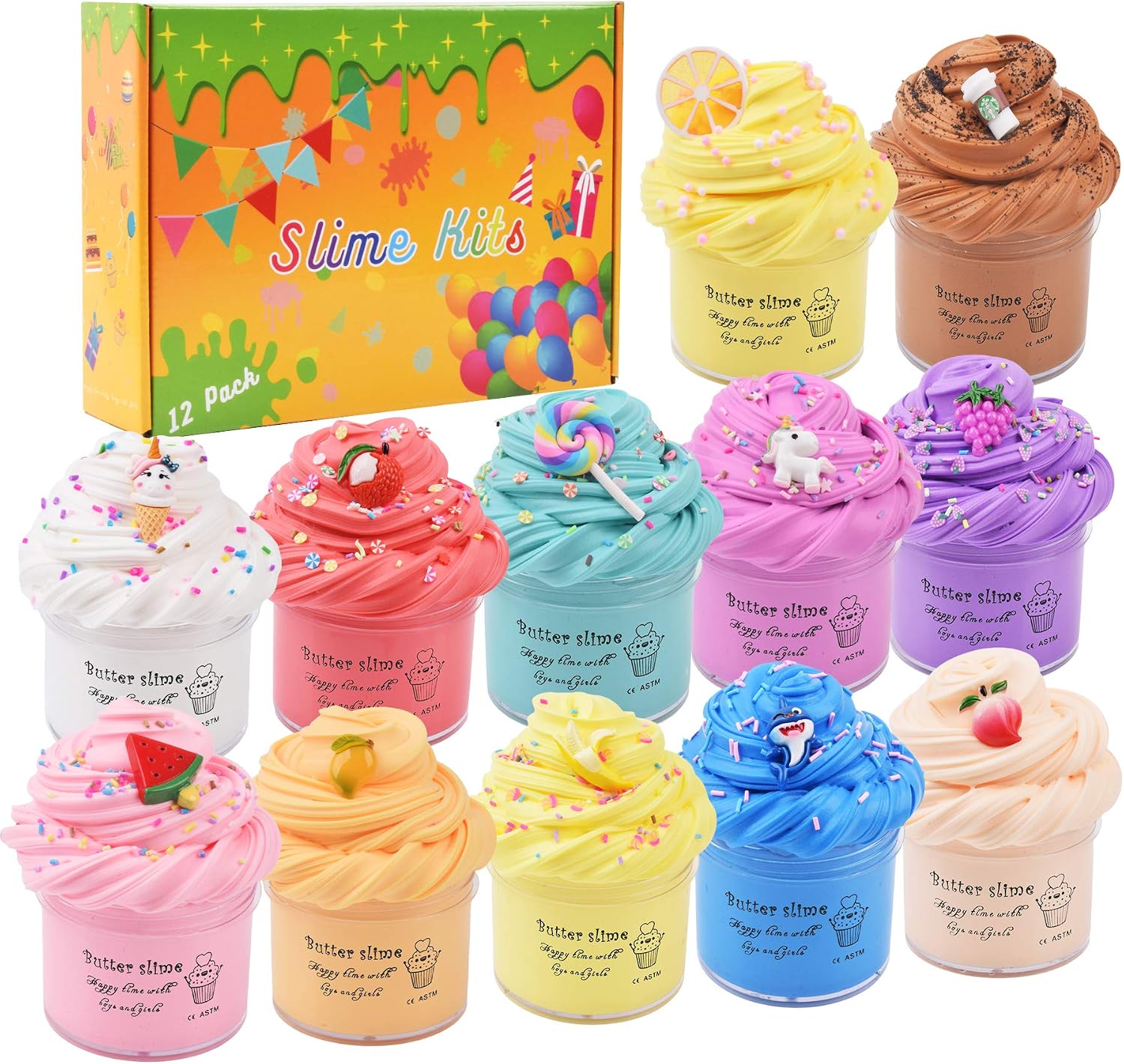 WUHUANIU Slime Kit with 12 Pack Butter Slime, Unicorn,Lemon,Latte,Stitch,Watermelon,Ice Cream Slime and More,Scented Cloud Slime Kit for Girls and Boys ,Super Soft and Non Sticky DIY Surprise Slime