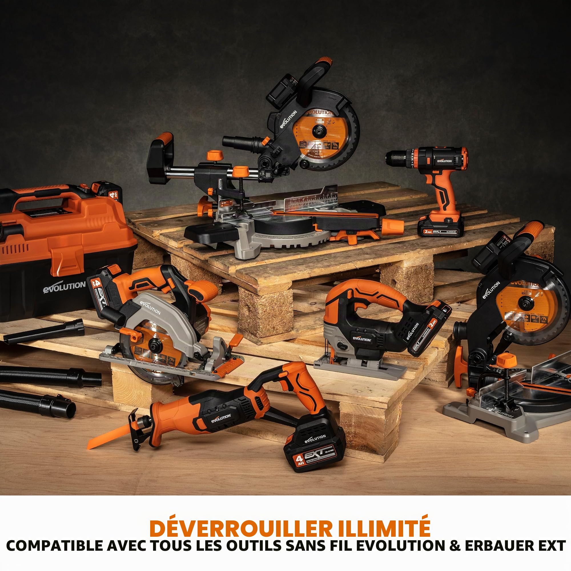 Evolution Power Tools, Bloc batterie lithium ion, Protection contre les surtensions et les sous-tensions, Témoin de charge de la batterie, Connecteur compatible Erbauer EXT, Grandes, 5 Ah, 18 V