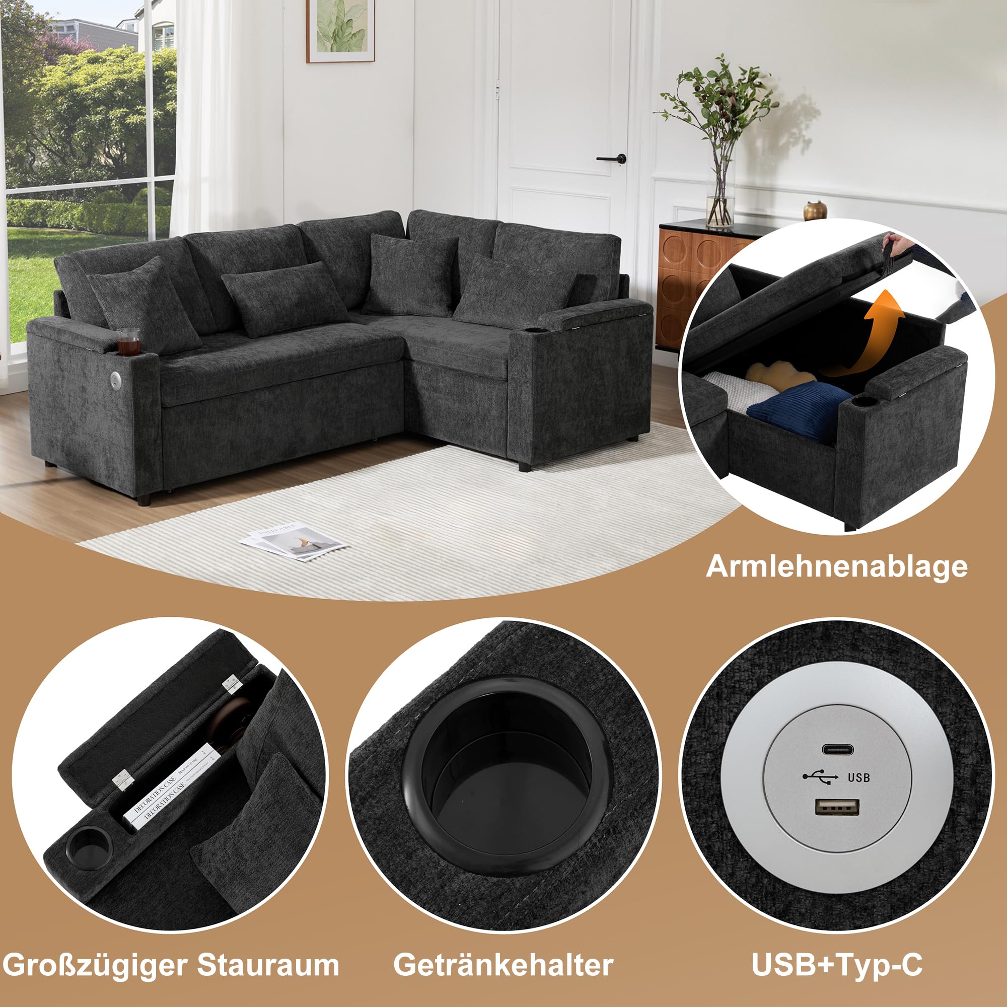 Lubvtti Divano letto 3 posti con vano contenitore,portabicchieri,porta USB, bracciolo portaoggetti e quattro cuscini,Divano angolare estensibile a L,divano 3 posti,ciniglia(D-Grigio)
