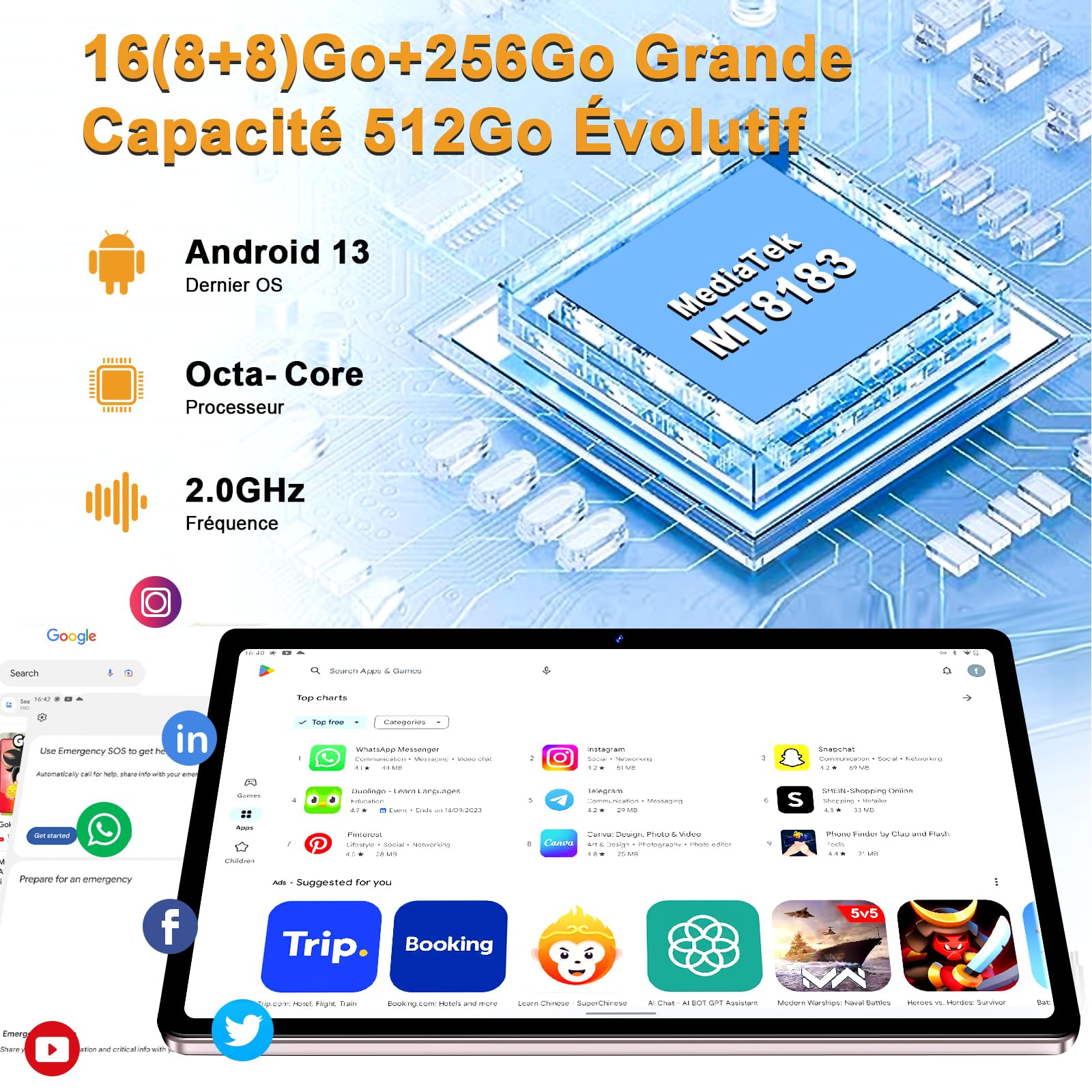fezawio Tablette Android 11 Pouces,16+256GO,8600mAh, Or Rose