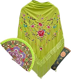 Mantón con Bordado de Flores, Abanico de Madera y Funda Artesanal Para el Abanico- Elegancia y Tradición Española para Fiestas y Eventos