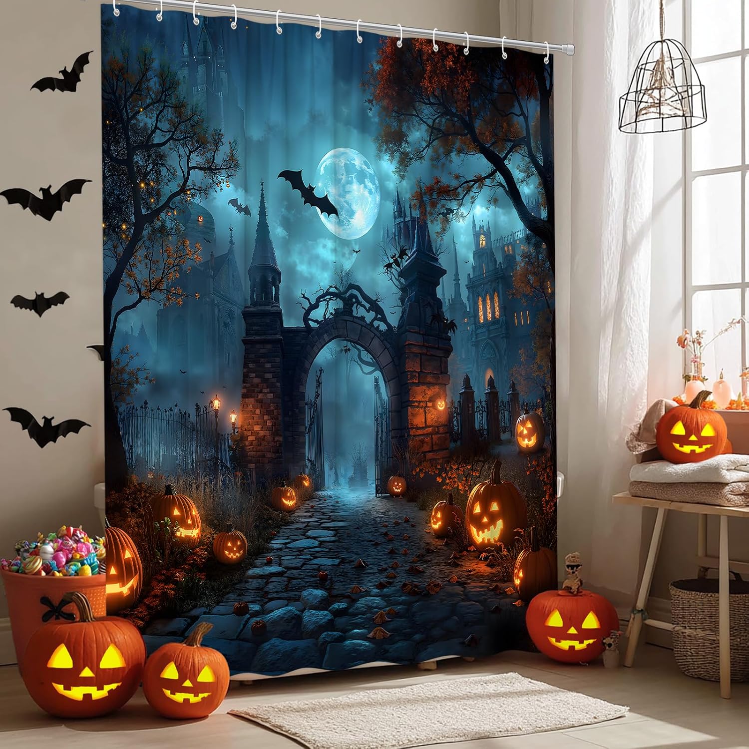 Spooky Halloween Castle Shower Curtain Creepy Haunted House, 72x72 Inch