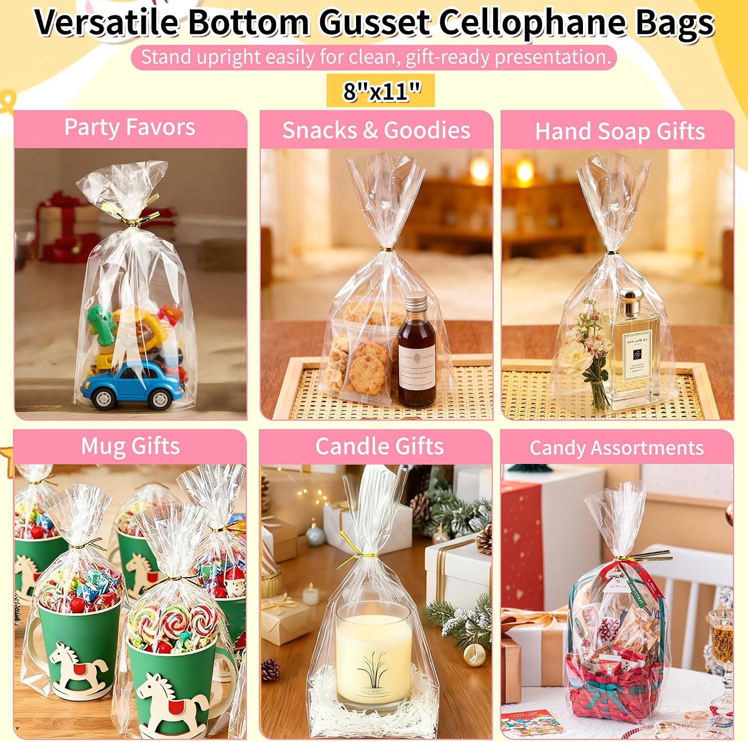 Soarvita Cellophane Bags 8x11x3.2 Inch, 50 Pcs Clear Plastic Gift Bags with Bottom Gusset for Stand-Up Display, Medium Cello Gift Wrap for Goodies, Treat, Candy, Party Favors, Includes 60 Gold Ties