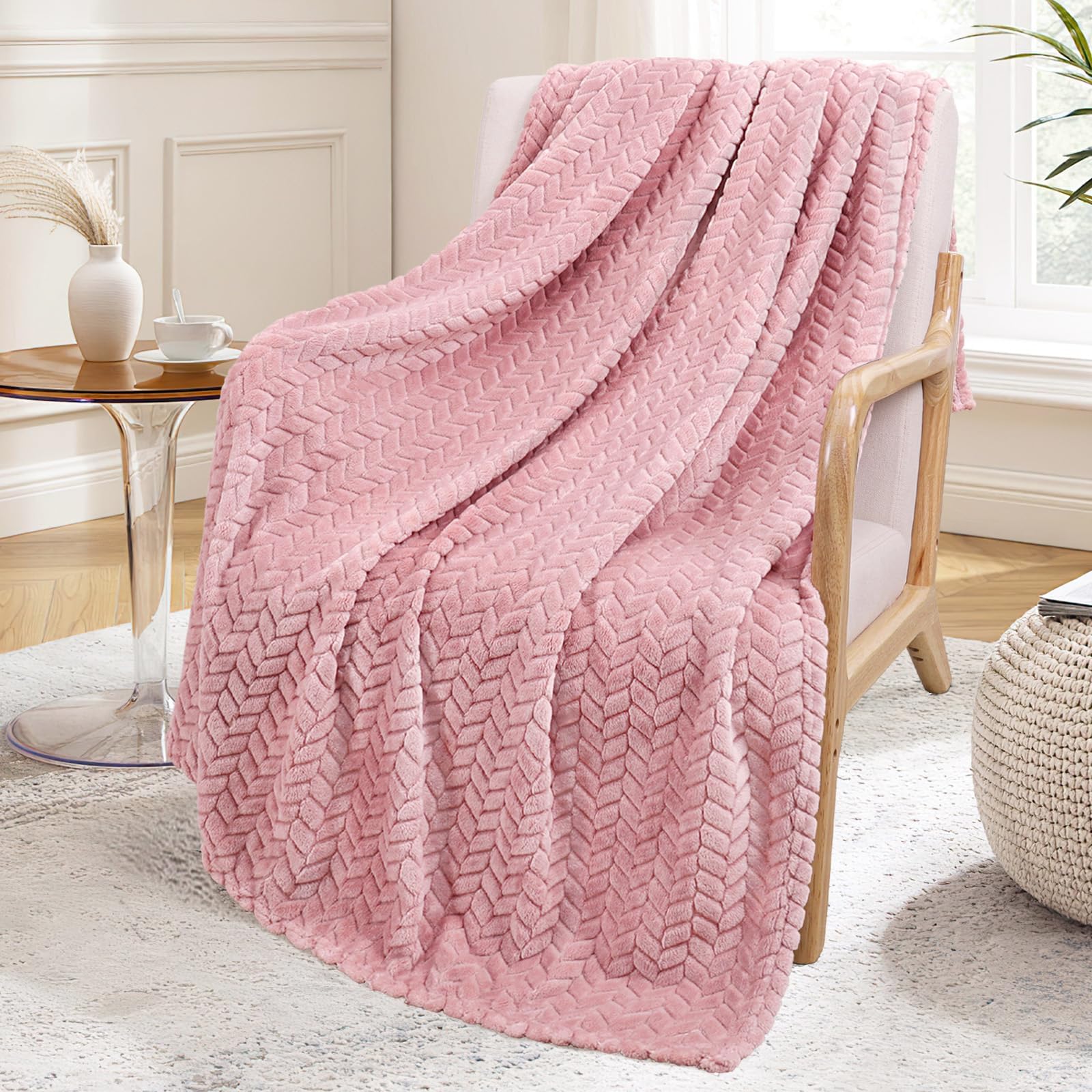 Exclusivo Mezcla Fleece Pink Throw Blanket for Couch Sofa Bed, 50”x70” | Oversized Soft Cozy Fluffy Blankets for Summer, Decorative Plush Flannel Throws for Living Room, Bedroom with Leaves Pattern