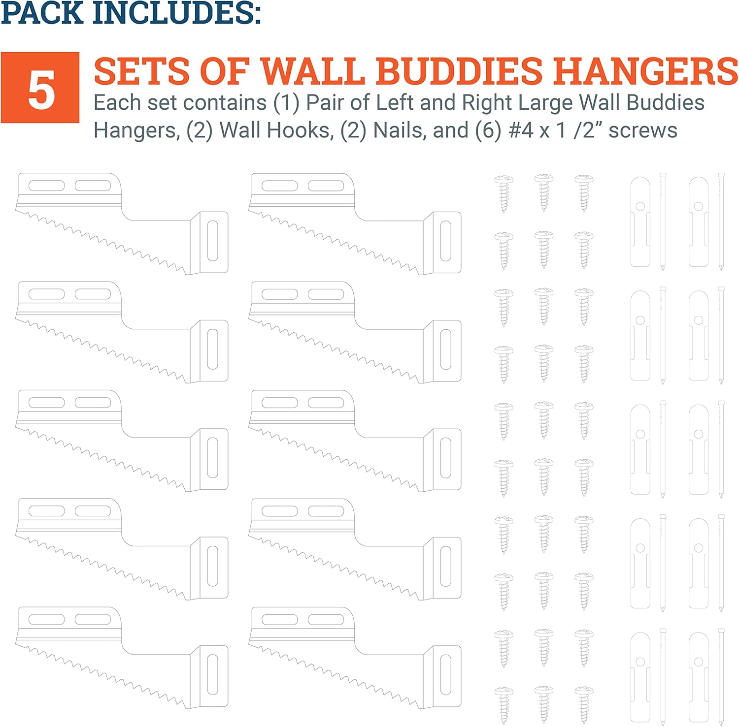 Wall Buddies Small Hanger for Wood Picture Frames - Supports 30 lbs - 5 Pack- Includes Wall Hooks, Nails and Screws