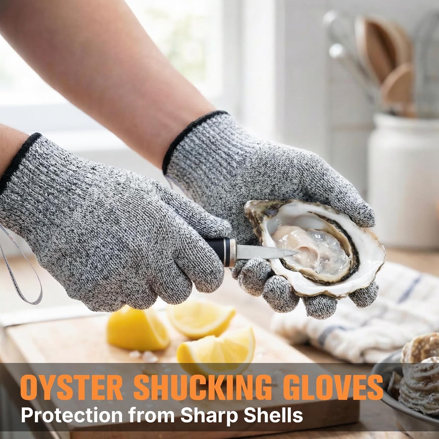 Safe & Savvy Cut Resistant Gloves, 1 Pair, Level 5 Food-Grade & Fiberglass-Free Mandoline Gloves for Oyster Shucking & Meat Cutting, Wood Carving Gloves, Grey, Machine Washable (Large)