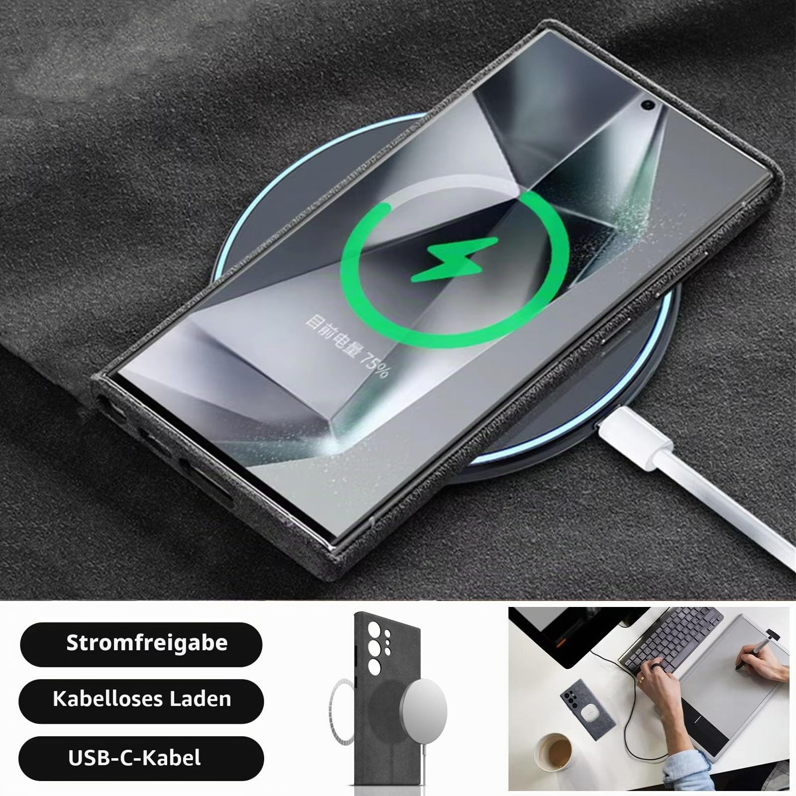 Alcantara Wildleder-Hülle für Samsung Galaxy S25 Ultra/S25 Plus/S25, kompatibel mit MagSafe Echtes italienisches Wildleder, handgefertigt, ultradünn, rutschfest, kratzfest, Dunkelgrau, S25 Ultra