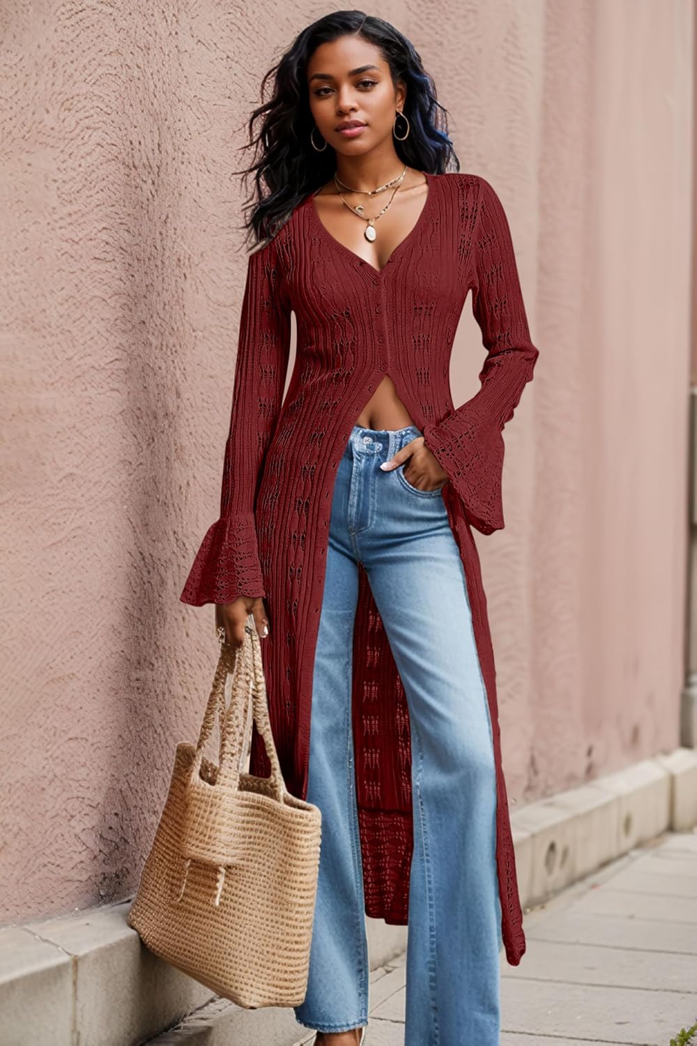 Maxi Long Cardigan Sweaters for Women Lightweight Crochet Bell Long Sleeve Ruffle Summer Beach Cover Up Fall Dress - Image 4