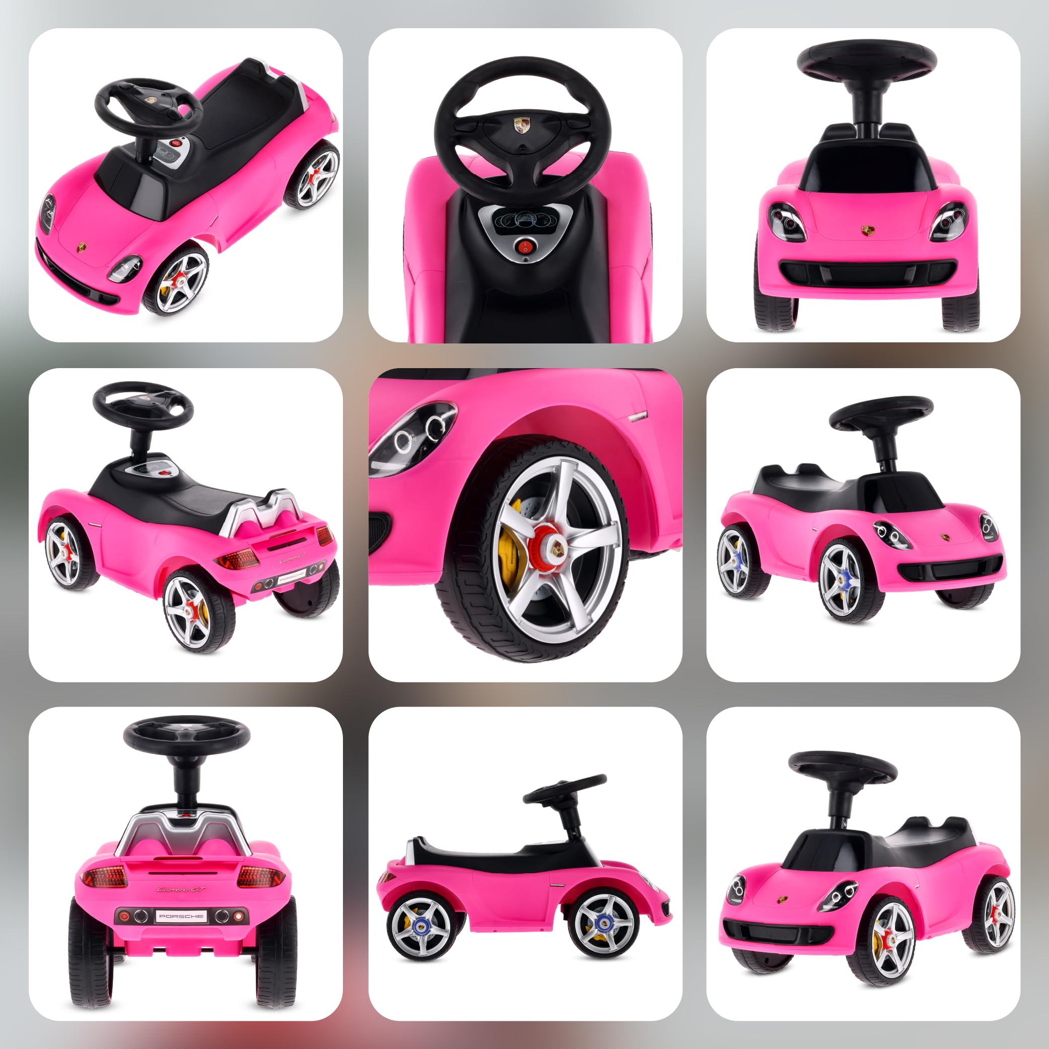 sun baby Rutschauto ab 18 Monaten – Porsche Carrera GT – Lenkrad mit Knöpfen, Scheinwerfer, realistische Aufkleber, bis 30 kg, Rosa