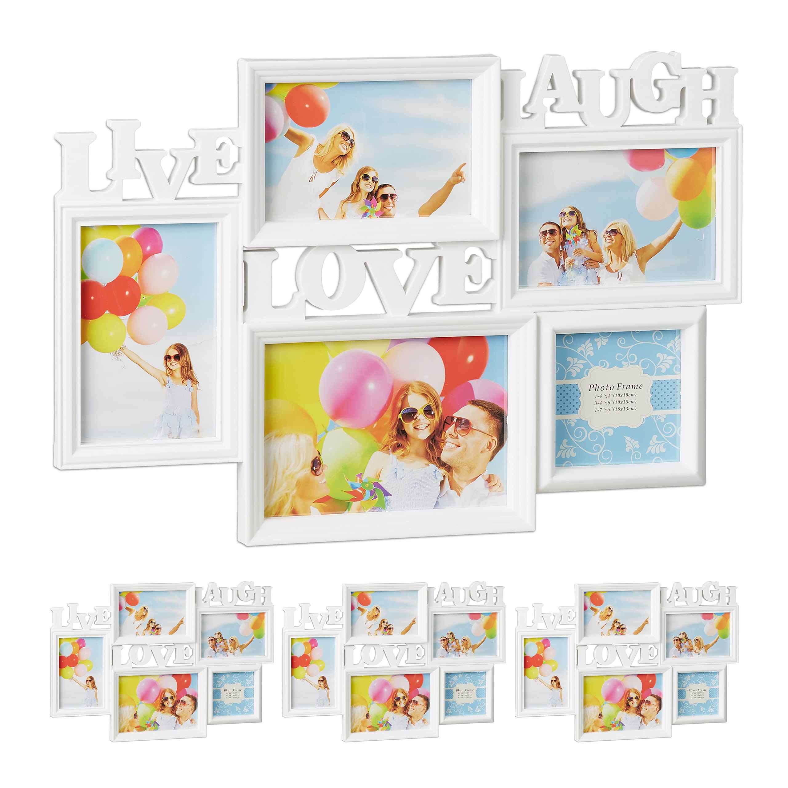 Relaxdays White Set Of Picture Frames Live Love Laugh, Hanging Gallery For 5 Photos In Various Sizes, 3D Collage, Size 4