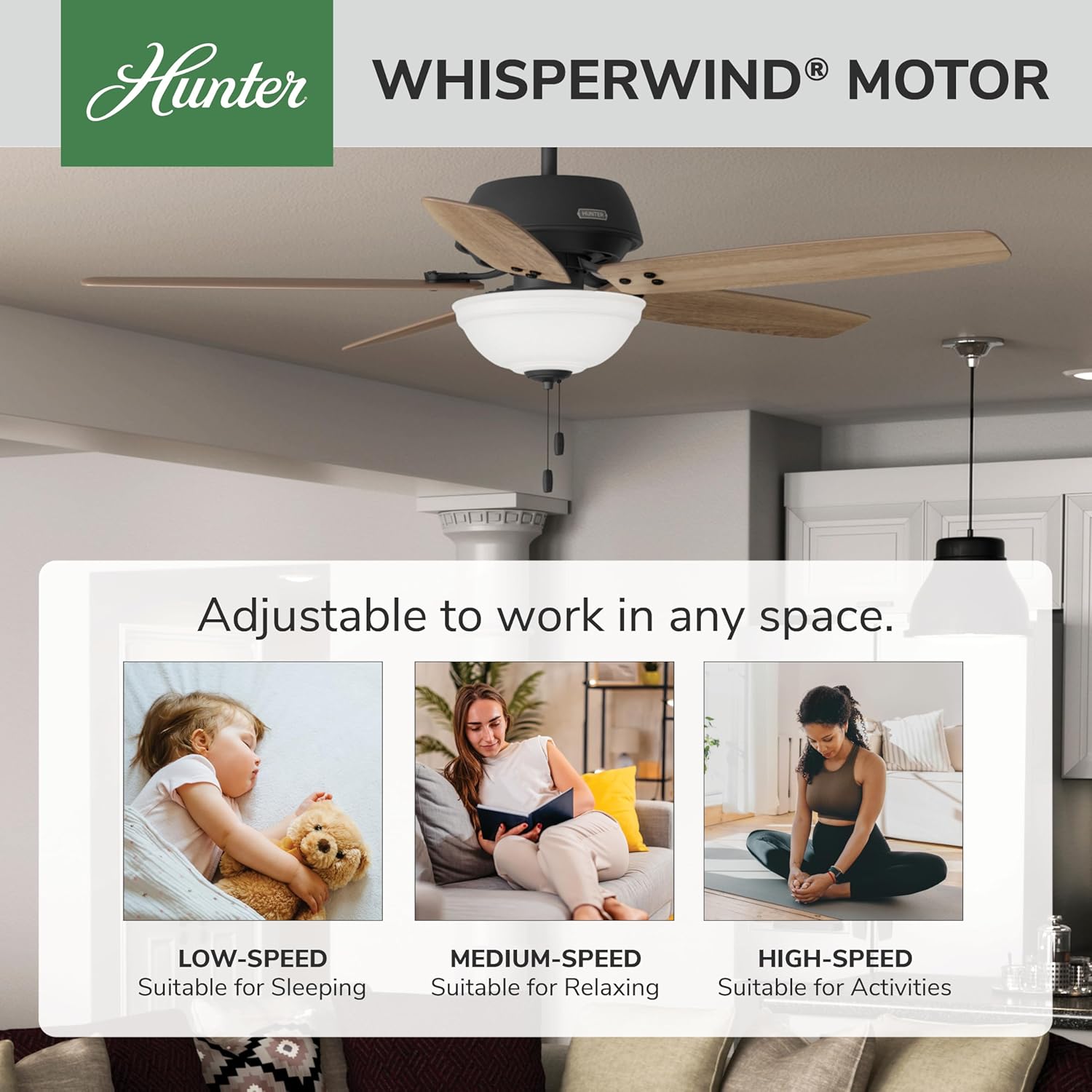 Hunter 60 inch Indoor Ceiling Fan with LED Light - Black Ceiling Fan with Pull Chain, for Bedroom or Living Room, Standard Mount, No Remote, 5 Blades, Includes Bulbs - Reveille 52400, Matte Black